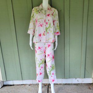 Dandy by Randi M. White Pink Floral Linen Pants Oufit Set Large L